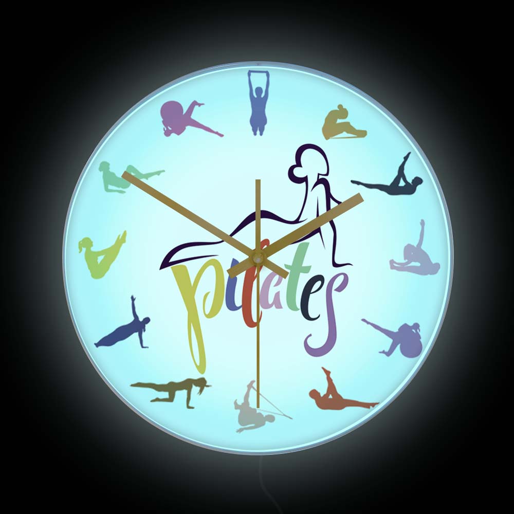 Pilates Yoga Room - Jam Dinding Cetak Warna-warni Pilates Pose